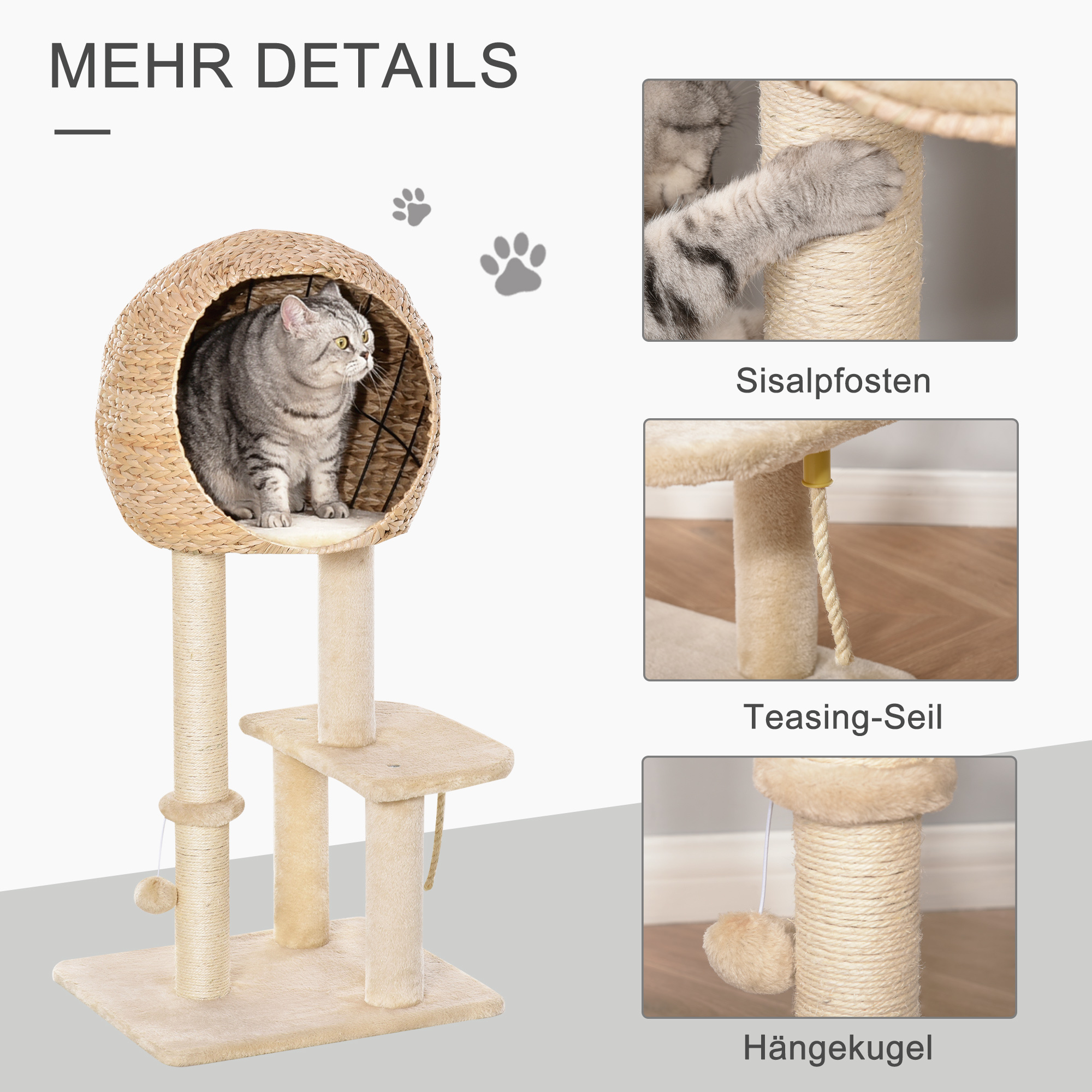 Afbeelding van Paws kattenboom krabpaal kitten meubel met kattengrot sisal zacht pluche beige