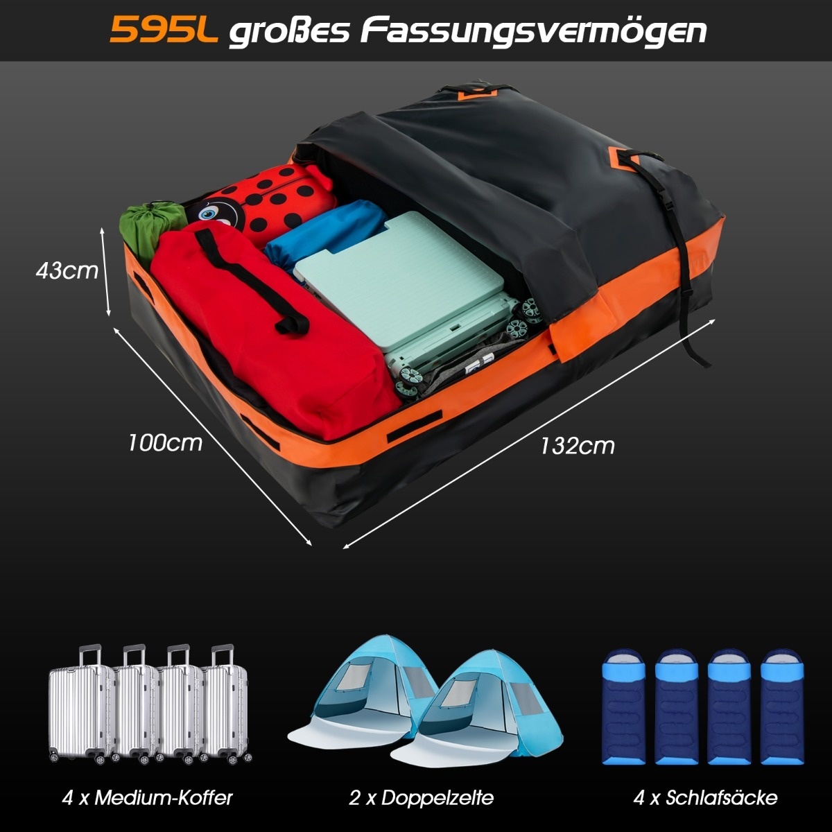 Costway Dakkoffer - 560L - 132x100x43cm - Daktas - Zwart/Oranje
