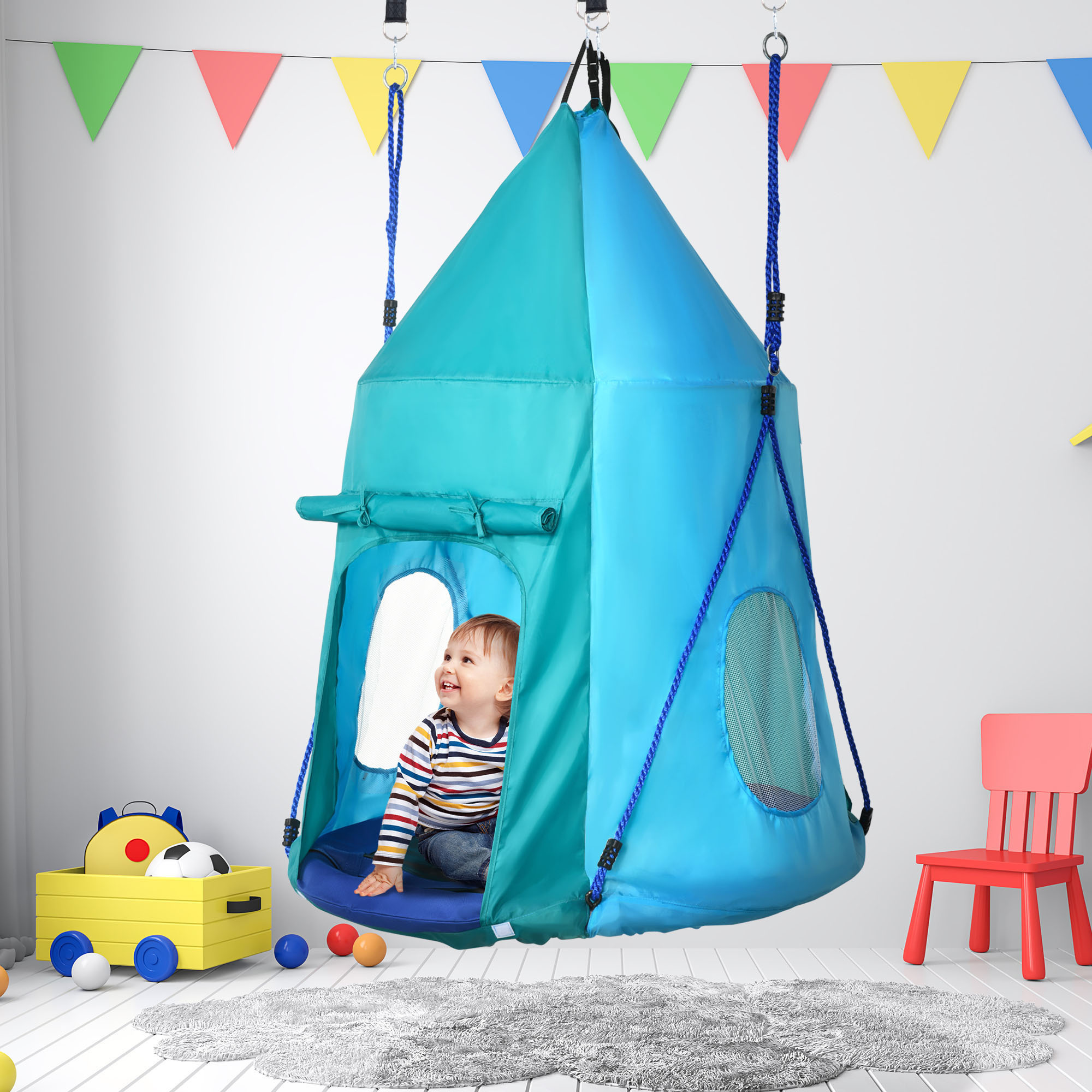 Afbeelding van Sunny Nest Schommel met Tent, Ø100 cm Kinderschommel, Tuinschommel, Teal