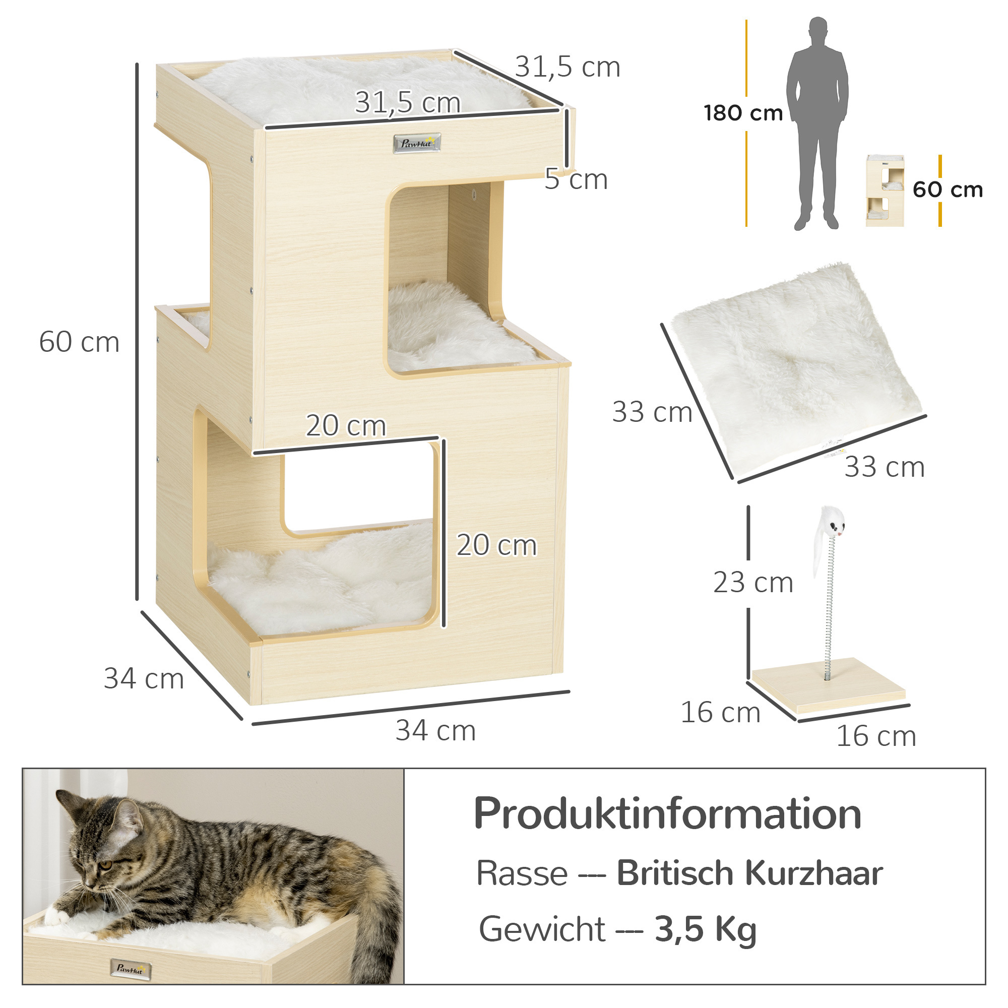 Afbeelding van Paws kattenhok, kattengrot, 2 verdiepingen, inclusief speelgoed, 34 cm x 34 cm x 60 cm, naturel + lichtgrijs