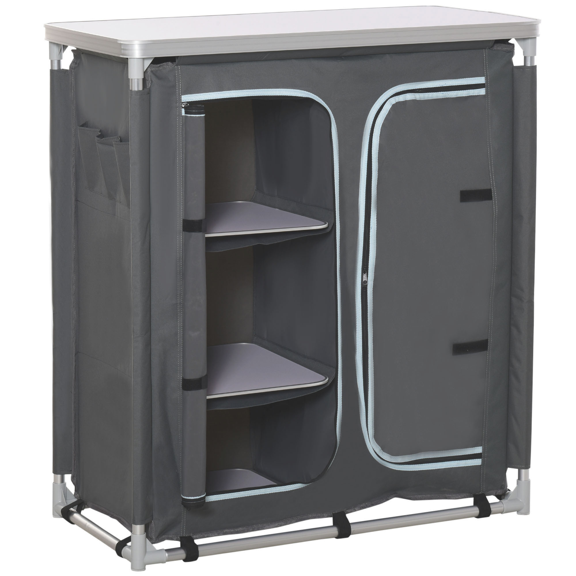 Sunny Campingkast inklapbaar keukenbox draagbaar met 3 planken 1 kast grijs