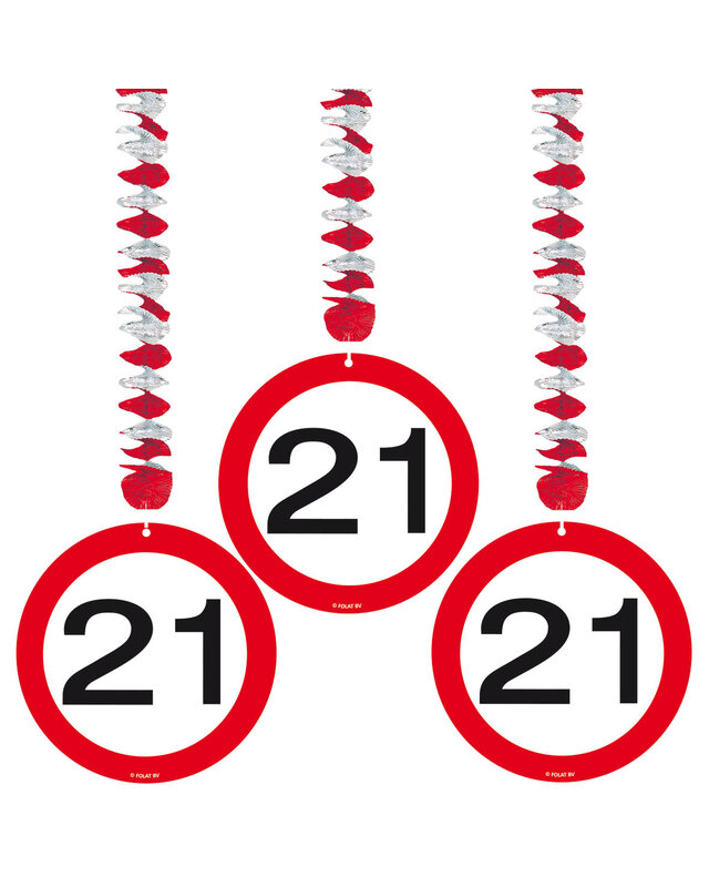 Folat Hangdecoratie 21 Jaar Leeftijd Versiering Verkeersbord 75 Cm 3 Stuks