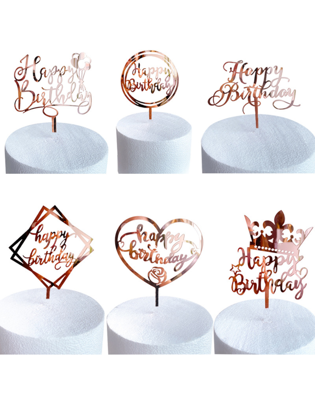 Q2party Happy Birthday Taartopper Taart Versiering Rose Goud Set 6 Stuks