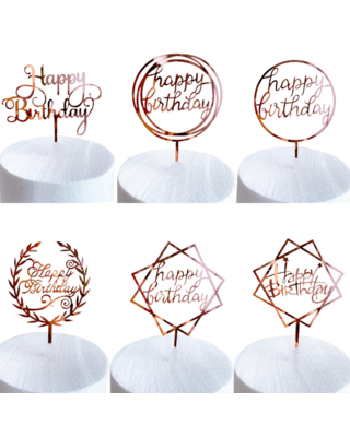 Q2party Happy Birthday Taartopper Taart Versiering Rose Goud Set 6 Stuks