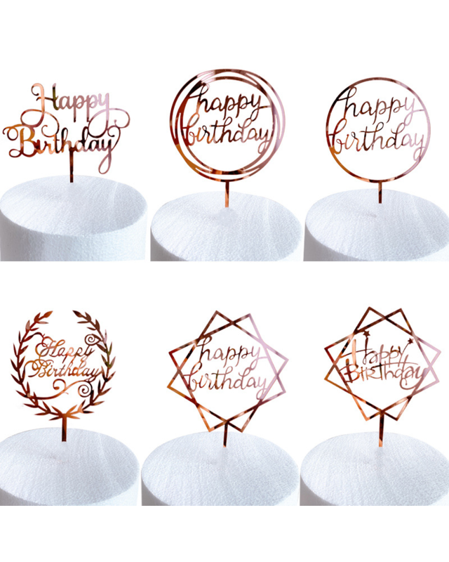 Q2party Happy Birthday Taartopper Taart Versiering Rose Goud Set 6 Stuks