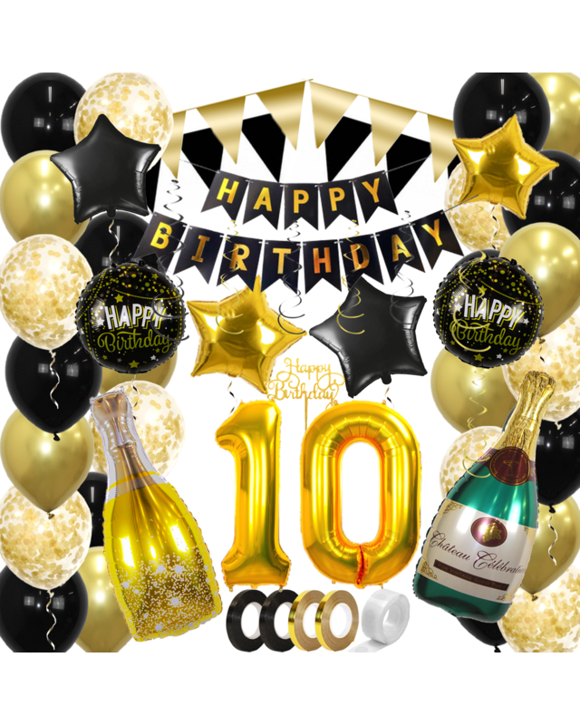 Q2party 10 Jaar Zwart Goud Versiering Slingers Pakket
