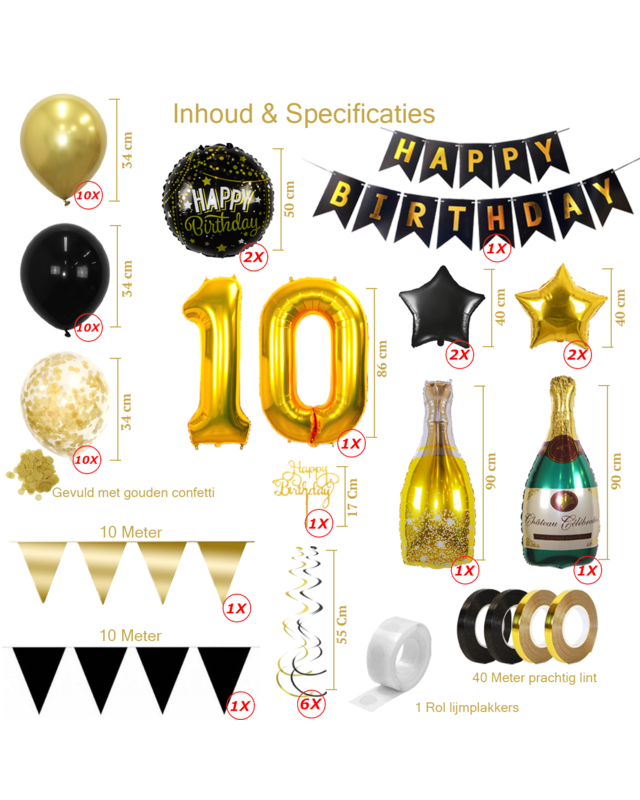 Q2party 10 Jaar Zwart Goud Versiering Slingers Pakket
