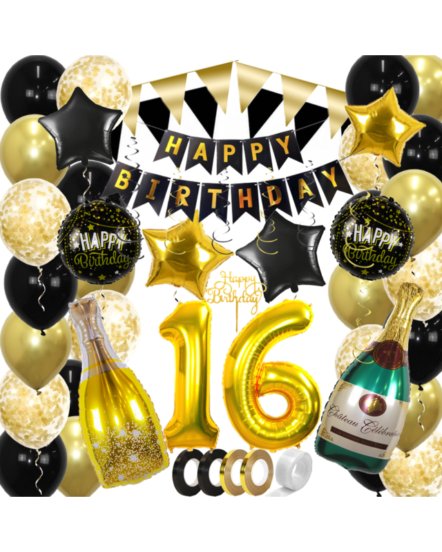 Q2party 16 Jaar Zwart Goud Versiering Slingers Pakket