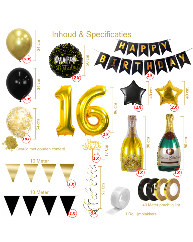 Q2party 16 Jaar Zwart Goud Versiering Slingers Pakket