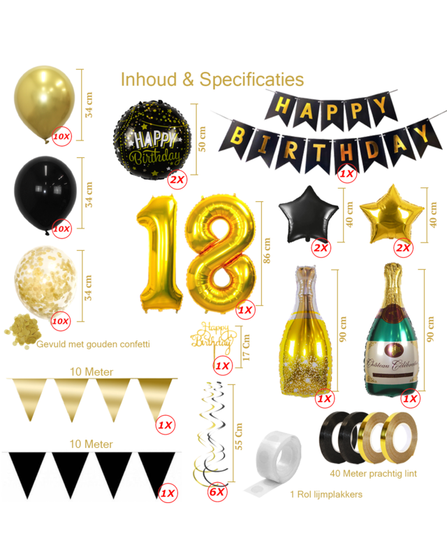 Q2party 18 Jaar Zwart Goud Versiering Slingers Pakket