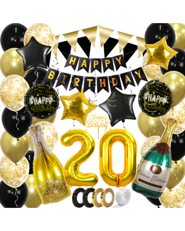 Q2party 20 Jaar Zwart Goud Versiering Slingers Pakket