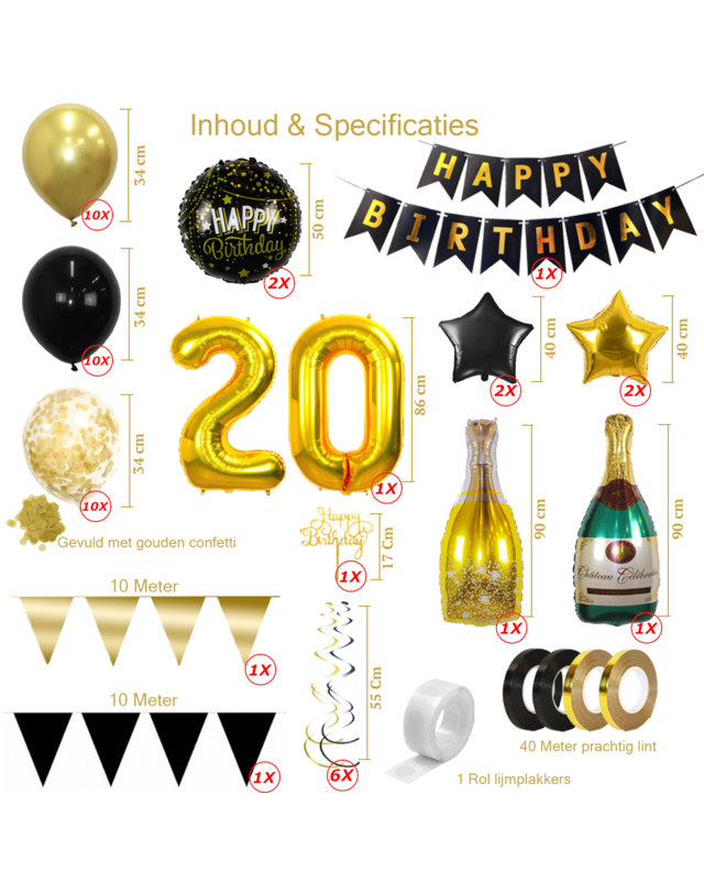 Q2party 20 Jaar Zwart Goud Versiering Slingers Pakket