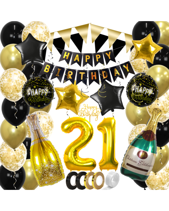 Q2party 21 Jaar Zwart Goud Versiering Slingers Pakket