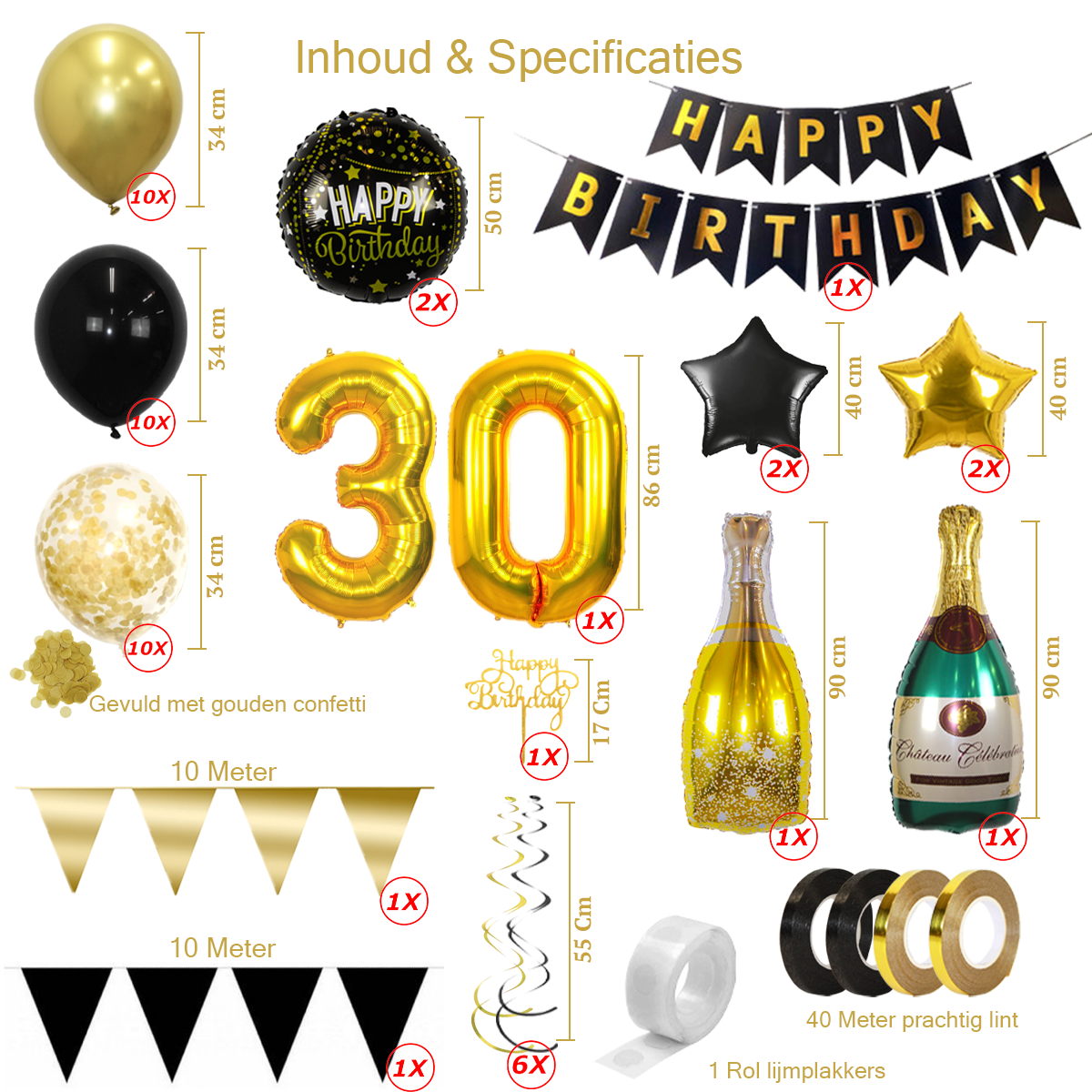 Q2party 30 Jaar Zwart Goud Versiering Slingers Pakket
