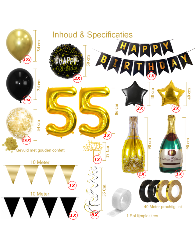 Q2party 55 Jaar Zwart Goud Versiering Slingers Pakket
