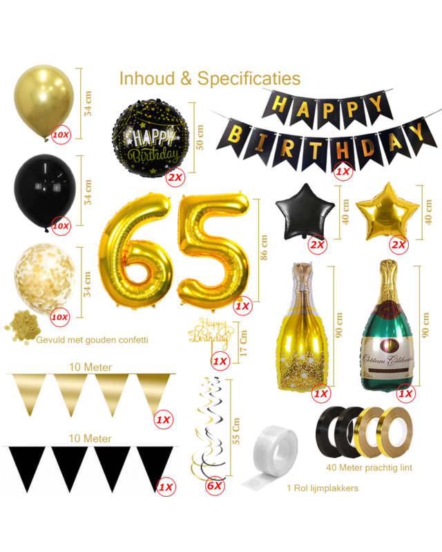Q2party 65 Jaar Zwart Goud Versiering Slingers Pakket