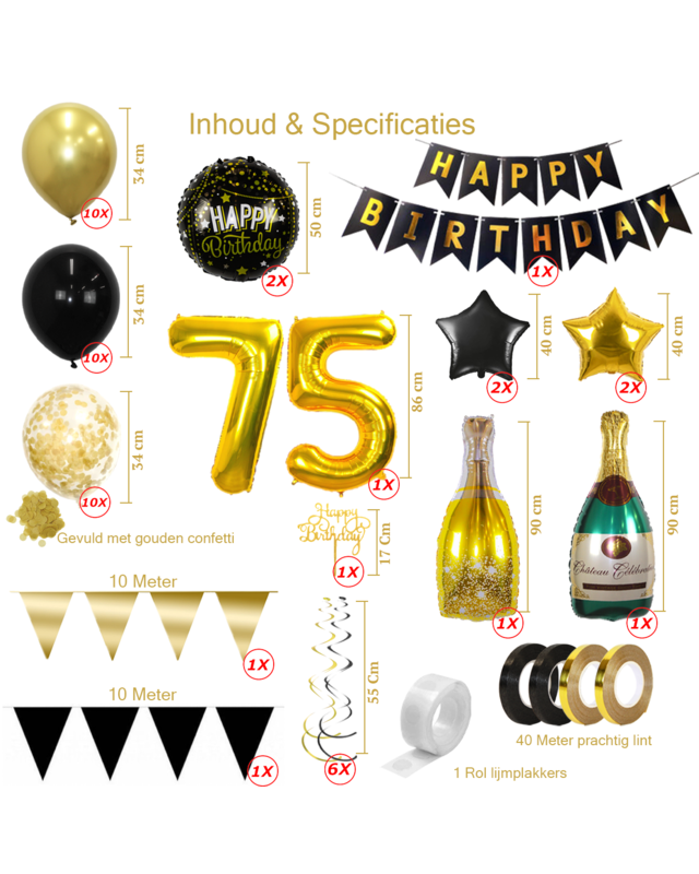 Q2party 75 Jaar Zwart Goud Versiering Slingers Pakket