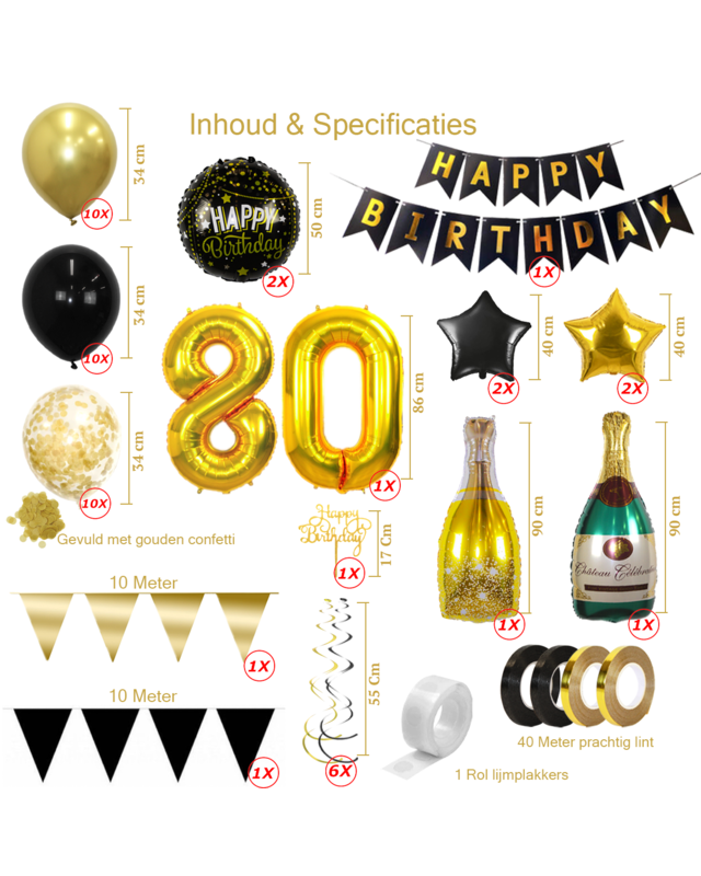 Q2party 80 Jaar Zwart Goud Versiering Slingers Pakket