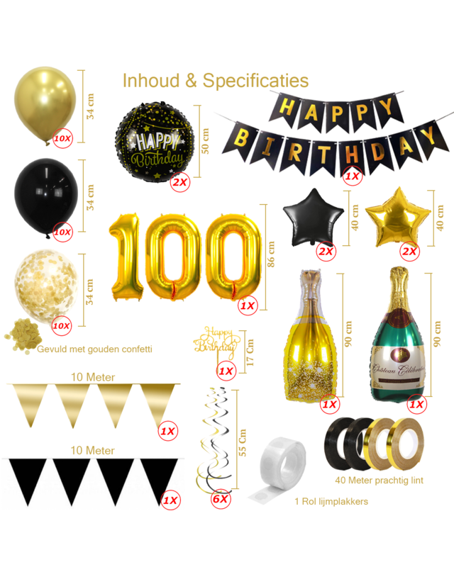 Q2party 100 Jaar Zwart Goud Versiering Slingers Pakket