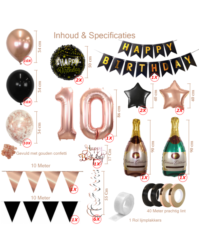 Q2party 10 Jaar Zwart Rose Goud Versiering Slingers Pakket