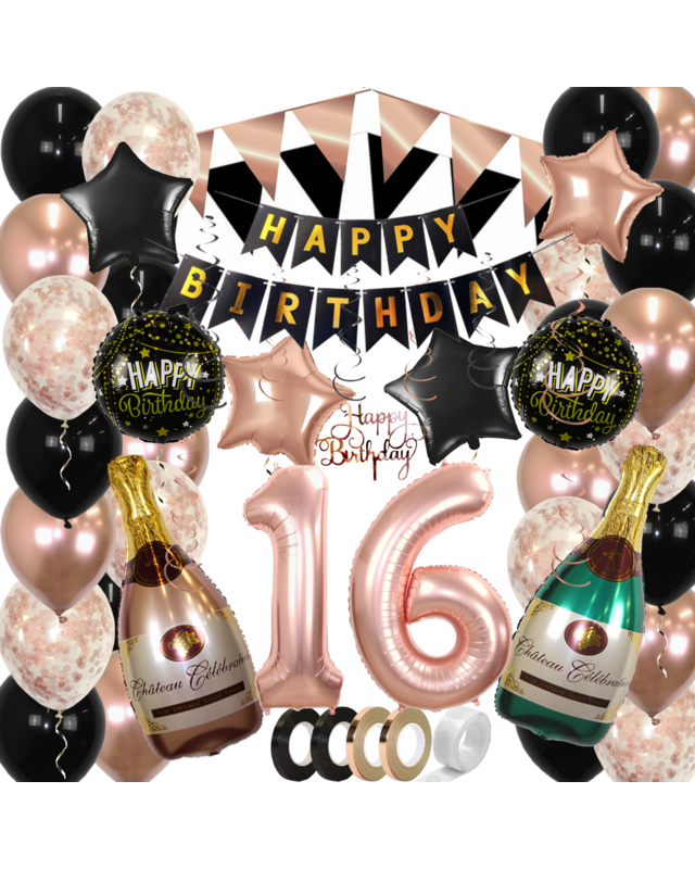 Q2party 16 Jaar Zwart Rose Goud Versiering Slingers Pakket