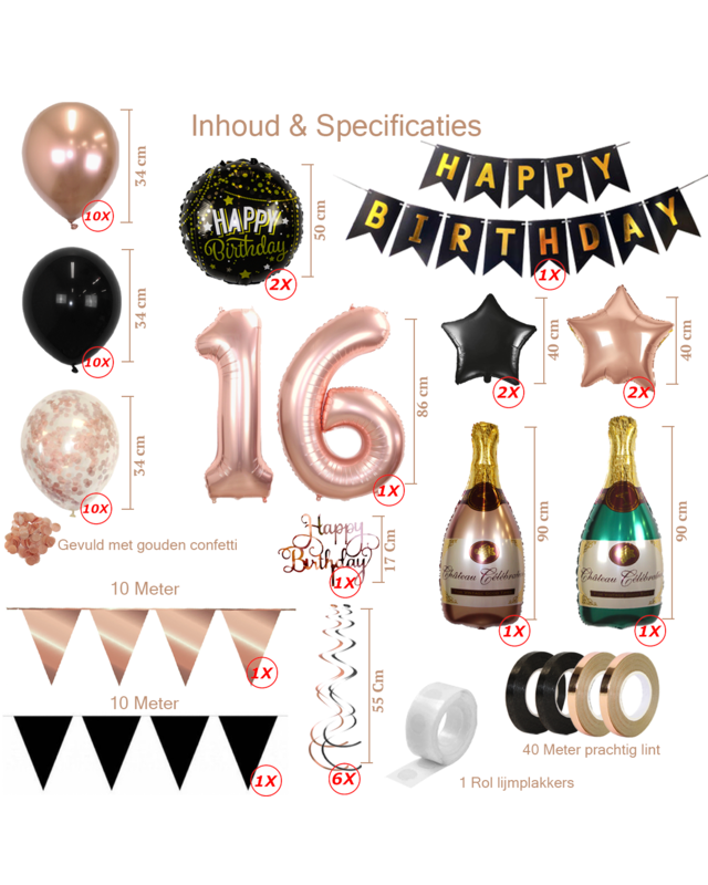 Q2party 16 Jaar Zwart Rose Goud Versiering Slingers Pakket