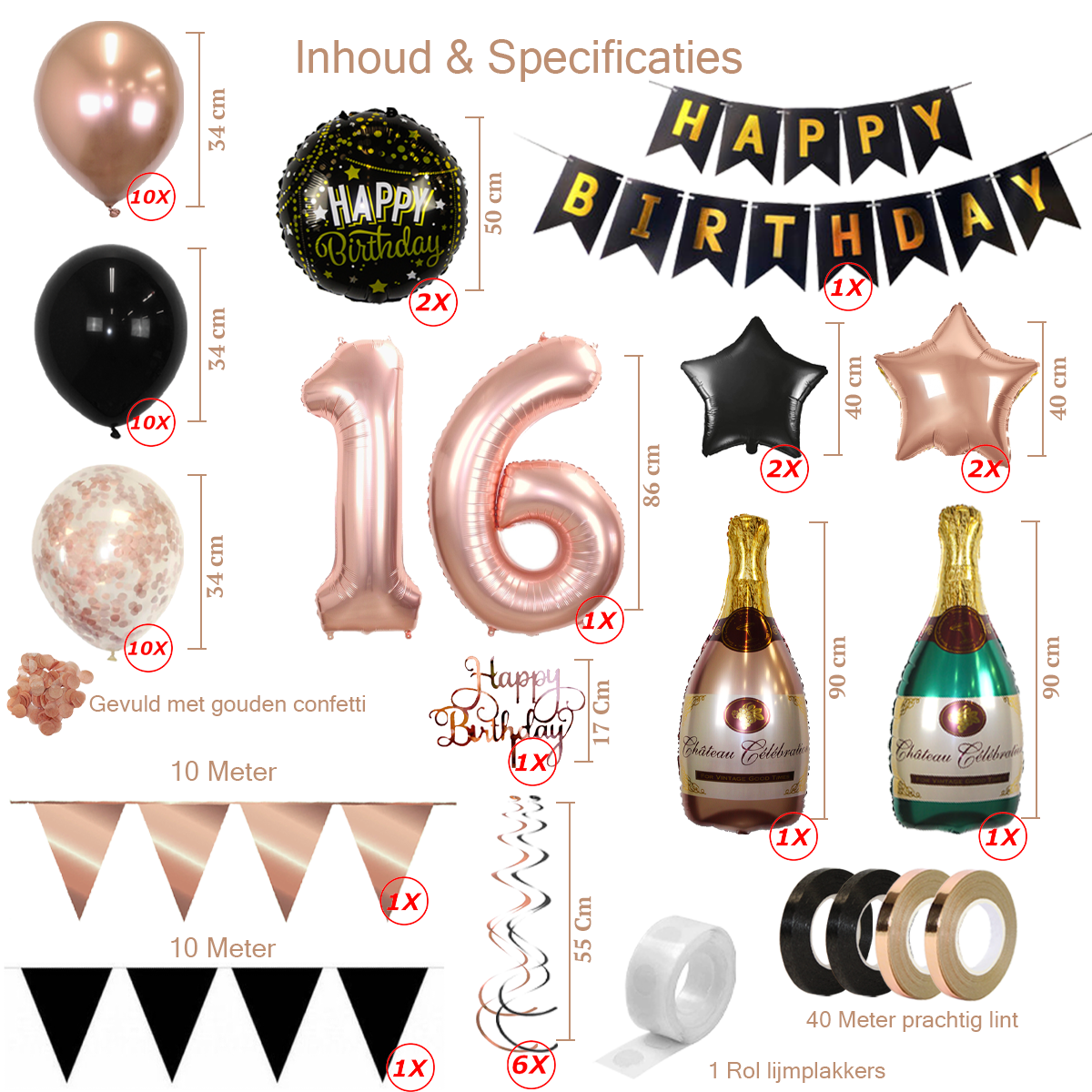 Q2party 16 Jaar Zwart Rose Goud Versiering Slingers Pakket