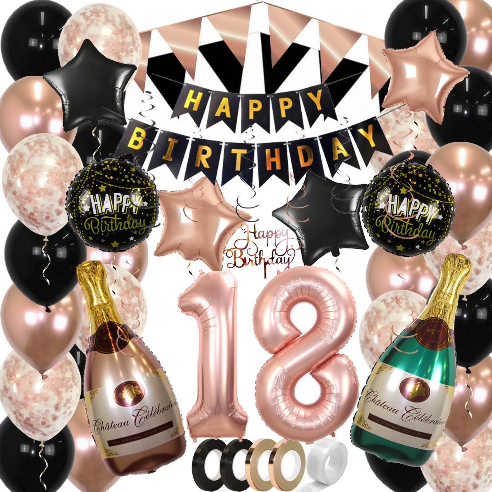Q2party 18 Jaar Zwart Rose Goud Versiering Slingers Pakket