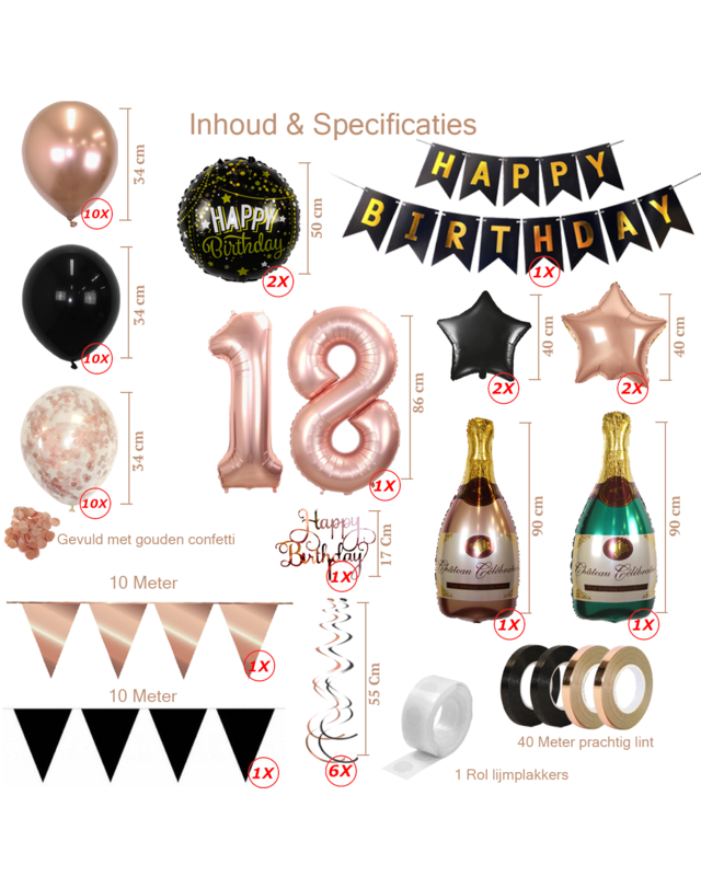 Q2party 18 Jaar Zwart Rose Goud Versiering Slingers Pakket