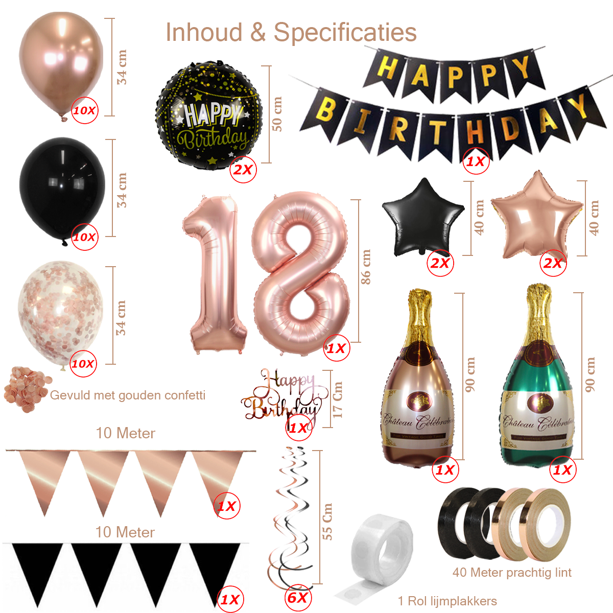 Q2party 18 Jaar Zwart Rose Goud Versiering Slingers Pakket