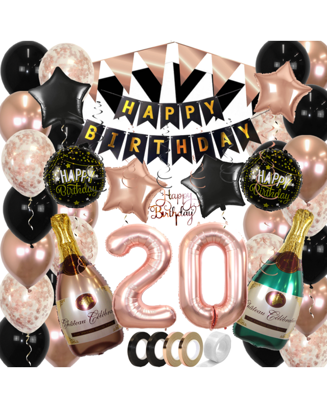 Q2party 20 Jaar Zwart Rose Goud Versiering Slingers Pakket