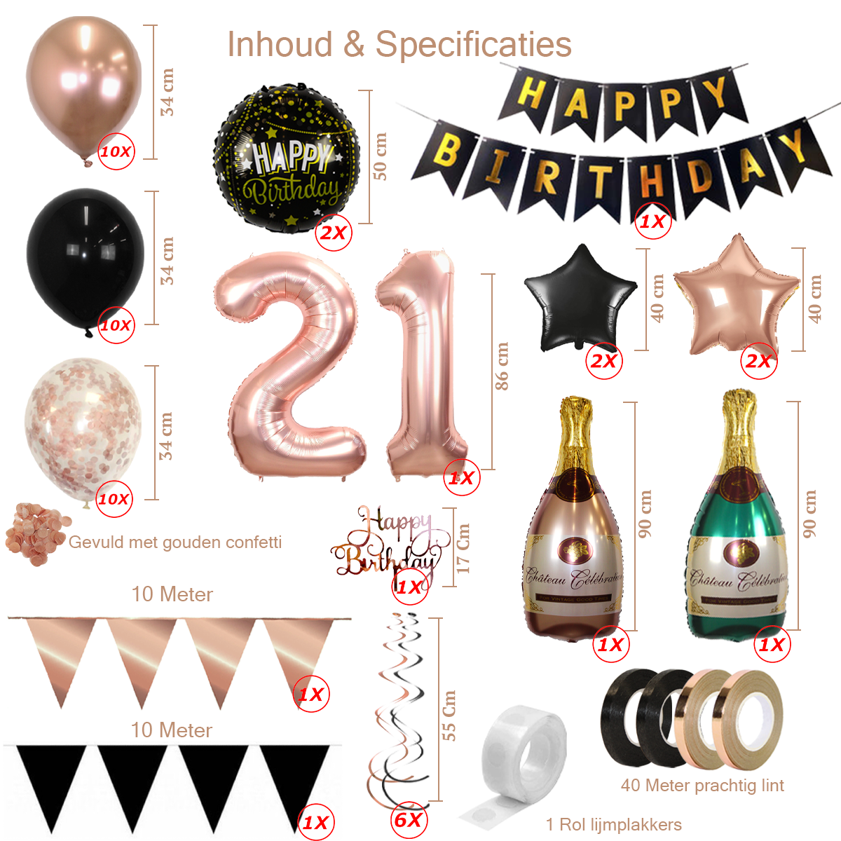 Q2party 21 Jaar Zwart Rose Goud Versiering Slingers Pakket