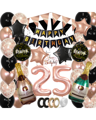 Q2party 25 Jaar Zwart Rose Goud Versiering Slingers Pakket