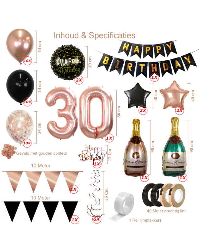 Q2party 30 Jaar Zwart Rose Goud Versiering Slingers Pakket
