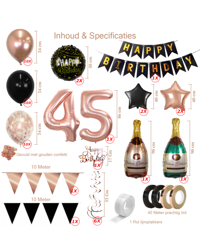 Q2party 45 Jaar Zwart Rose Goud Versiering Slingers Pakket