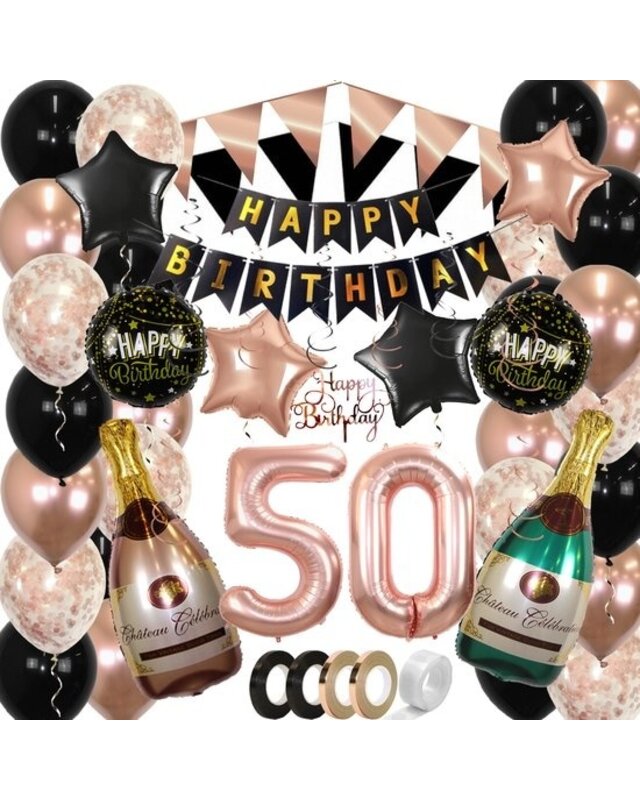 Q2party 50 Jaar Zwart Rose Goud Versiering Slingers Pakket