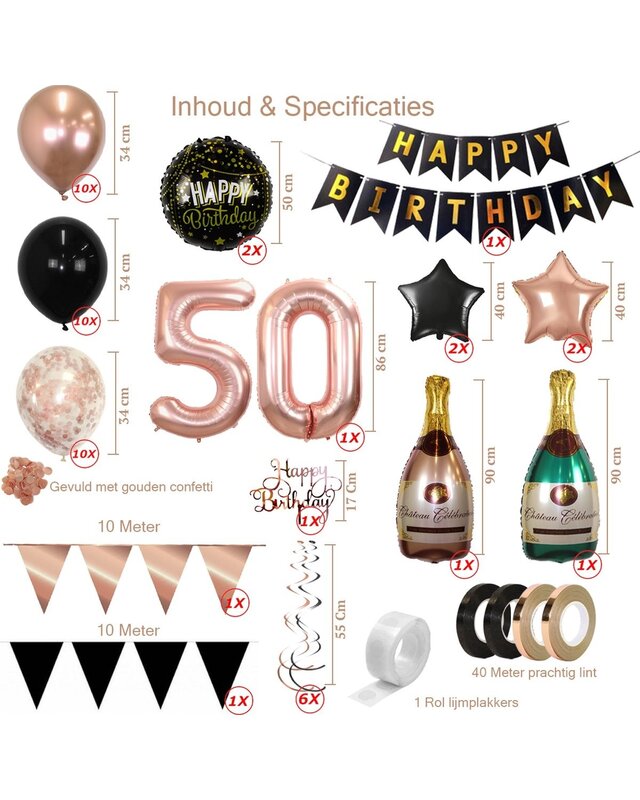 Q2party 50 Jaar Zwart Rose Goud Versiering Slingers Pakket