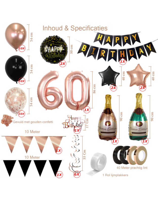 Q2party 60 Jaar Zwart Rose Goud Versiering Slingers Pakket