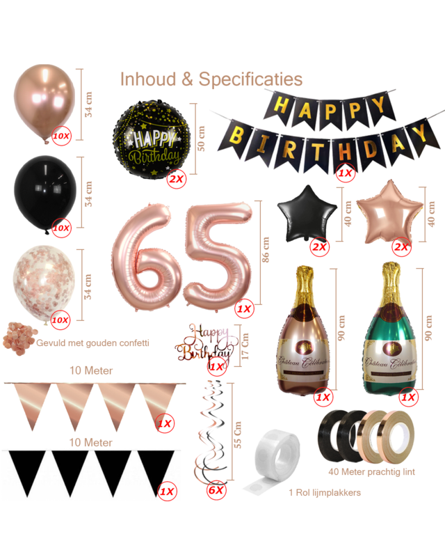 Q2party 65 Jaar Zwart Rose Goud Versiering Slingers Pakket