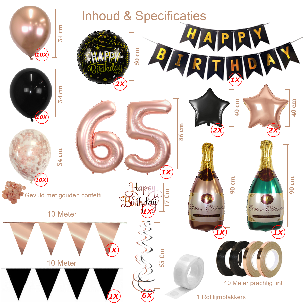 Q2party 65 Jaar Zwart Rose Goud Versiering Slingers Pakket
