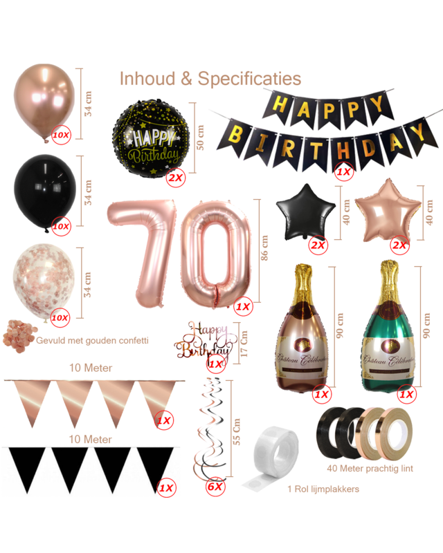Q2party 70 Jaar Zwart Rose Goud Versiering Slingers Pakket