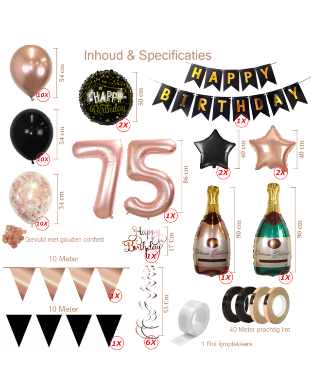 Q2party 75 Jaar Zwart Rose Goud Versiering Slingers Pakket