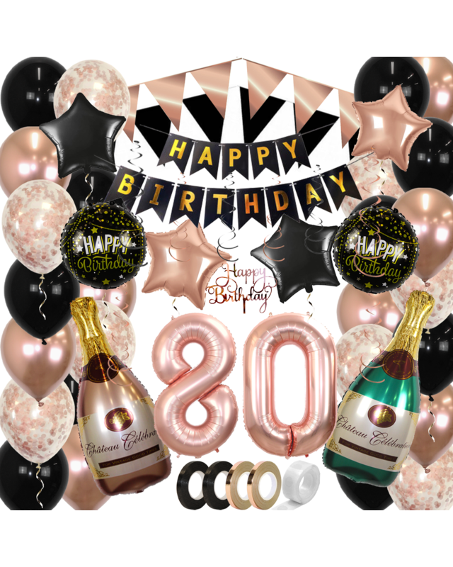 Q2party 80 Jaar Zwart Rose Goud Versiering Slingers Pakket