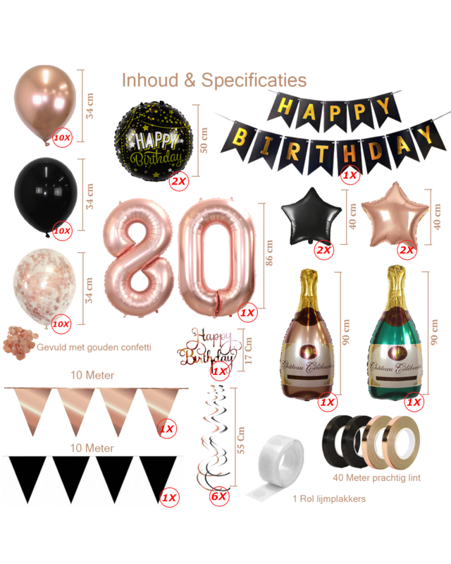 Q2party 80 Jaar Zwart Rose Goud Versiering Slingers Pakket