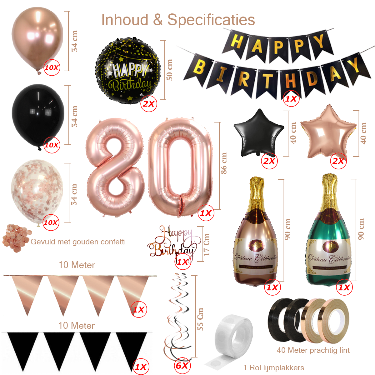 Q2party 80 Jaar Zwart Rose Goud Versiering Slingers Pakket