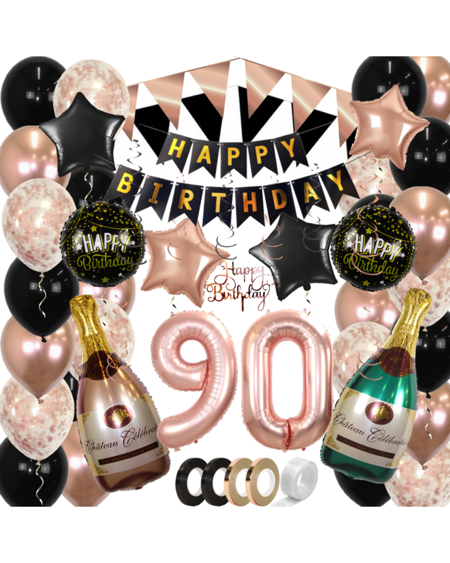 Q2party 90 Jaar Zwart Rose Goud Versiering Slingers Pakket