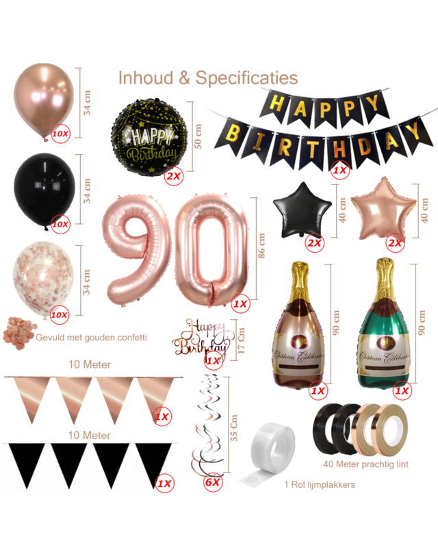 Q2party 90 Jaar Zwart Rose Goud Versiering Slingers Pakket