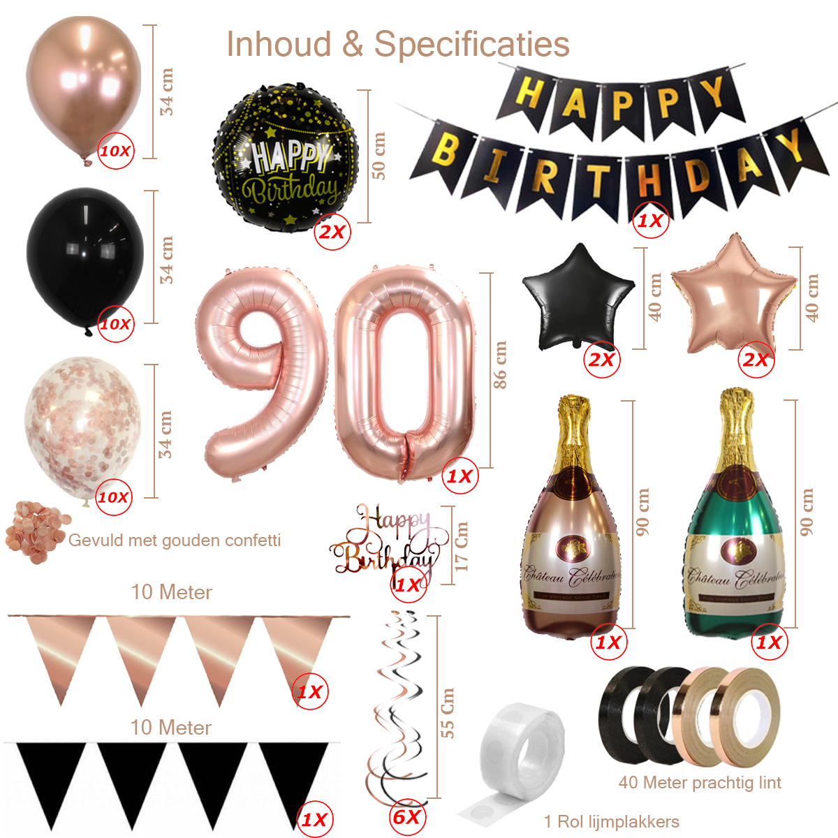 Q2party 90 Jaar Zwart Rose Goud Versiering Slingers Pakket