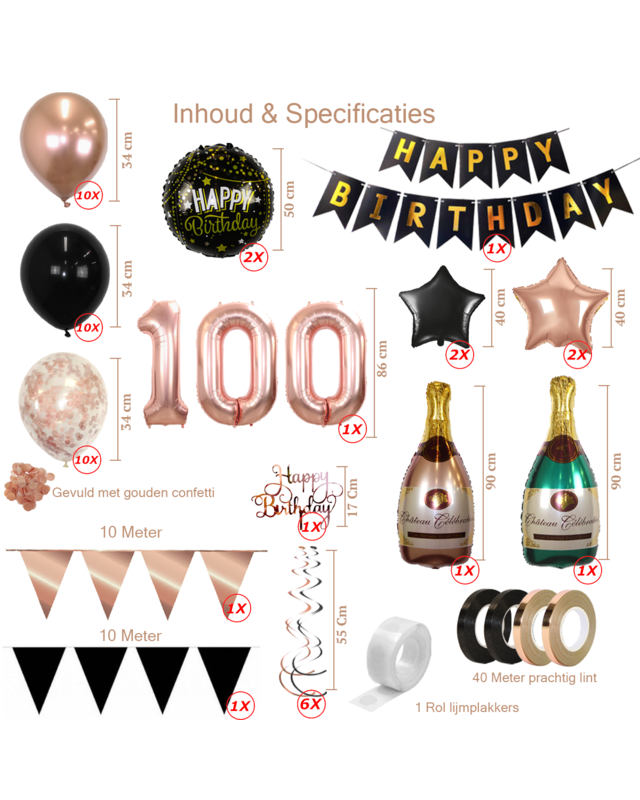 Q2party 100 Jaar Zwart Rose Goud Versiering Slingers Pakket