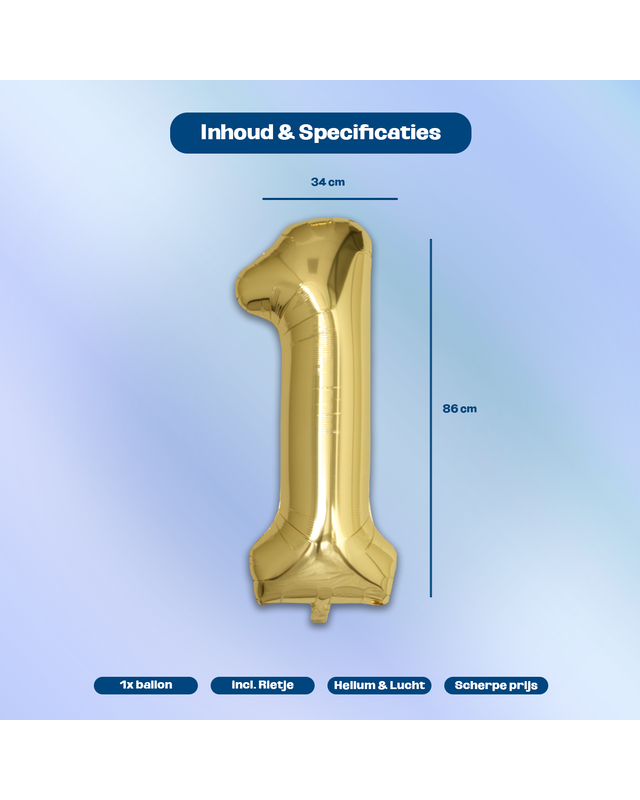BTH Folie Ballon Cijfer 1 Jaar Goud 86Cm Verjaardag Ballon Met Rietje